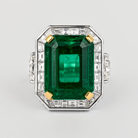 AGL Certified 15.78 Carat No Oil Emerald and Half Moon Cut Diamond Ring