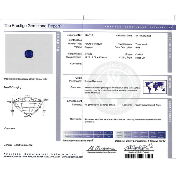 AGL Certified 5.75 Carat Burma No Heat Cushion Blue Sapphire and Diamond Ring