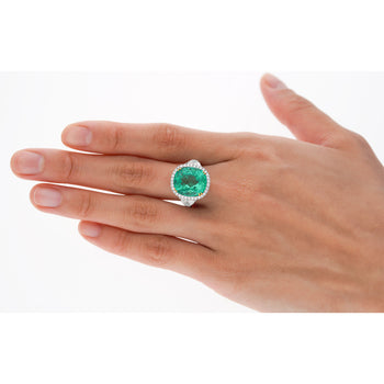 AGL Certified 7.36 Carat No Oil Cushion-Cut Colombian Emerald & Half Moon Cut Diamonds Ring – Assay Jewelers