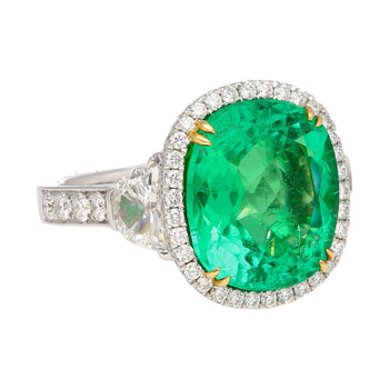 AGL Certified 7.36 Carat No Oil Cushion-Cut Colombian Emerald & Half Moon Cut Diamonds Ring – Assay Jewelers