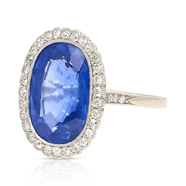 AGL Certified 7.76 Carat No Heat Burma Oval Blue Sapphire Vintage Edwardian Ring in Platinum