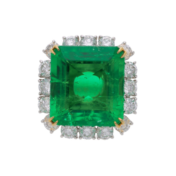 AGL GRS Certified 14.36 Carat Colombian Emerald & Diamond 18K Gold Cocktail Ring