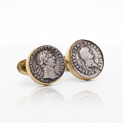 Ancient Roman Coin Cufflinks Of Vespasian and Maiorianus in 14k Gold Frame