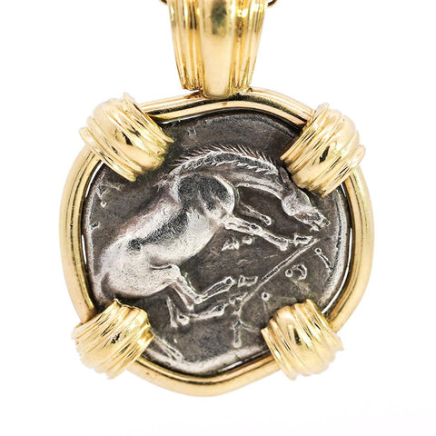 Antique Larissa Greek Coin in 18K Gold Frame Pendant
