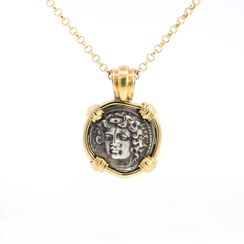 Antique Larissa Greek Coin in 18K Gold Frame Pendant