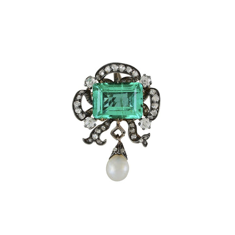 Antique Victorian Colombian Emerald, Pearl, & Old Mine Diamond Pendant Circa 1880