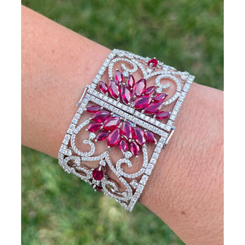 Art Deco 35 Carat Ruby & 11 Carat Diamond Filigree Floral Motif Bracelet in 18K White Gold – Assay Jewelers