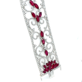 Art Deco 35 Carat Ruby & 11 Carat Diamond Filigree Floral Motif Bracelet in 18K White Gold – Assay Jewelers