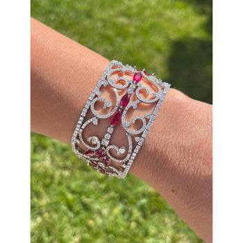 Art Deco 35 Carat Ruby & 11 Carat Diamond Filigree Floral Motif Bracelet in 18K White Gold – Assay Jewelers