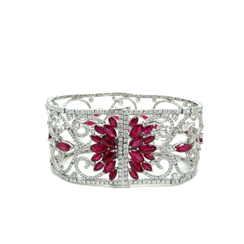 Art Deco 35 Carat Ruby & 11 Carat Diamond Filigree Floral Motif Bracelet in 18K White Gold – Assay Jewelers