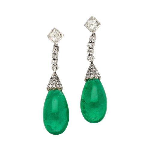 Art Deco Era 21 Carat Cabochon Pear Shape Emerald Drop Earrings | Circa 1940