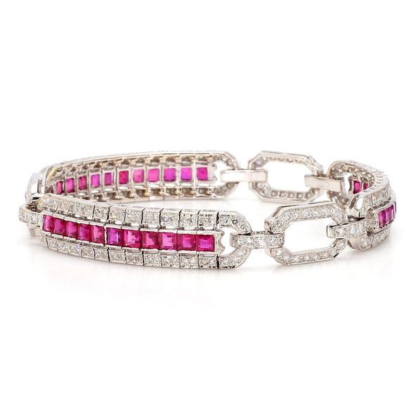 Art Deco Square Cut Ruby & Diamond Pave in 18K White Gold Link Tennis Bracelet