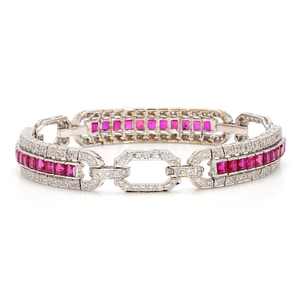 Art Deco Square Cut Ruby & Diamond Pave in 18K White Gold Link Tennis Bracelet