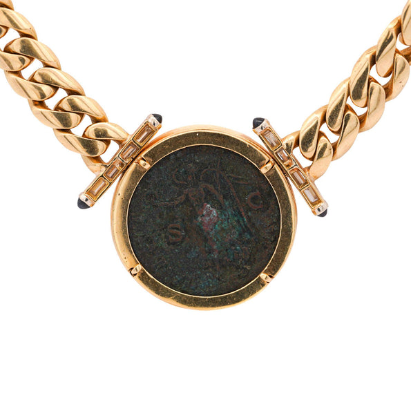 Authentic Constantine Roman Coin Bezel 18K Gold Cuban Chain Necklace