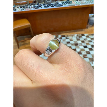 Bezel Set Chrysoberyl Cat's Eye and Diamond Three Stone Ring in 18K White Gold – Assay Jewelers