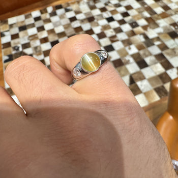 Bezel Set Chrysoberyl Cat's Eye and Diamond Three Stone Ring in 18K White Gold – Assay Jewelers