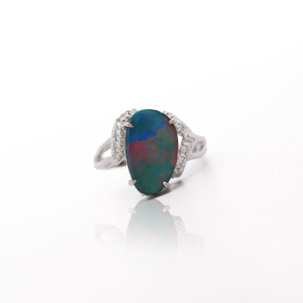 Black Opal Doublet & Diamond Pave Shoulder 14K White Gold Statement Ring