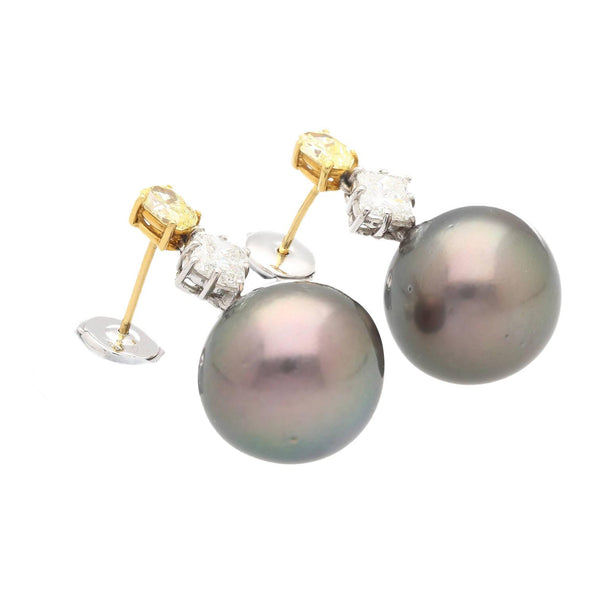 Black Pearl with Fancy Yellow & White Lily Cut Diamond Drop Earrings