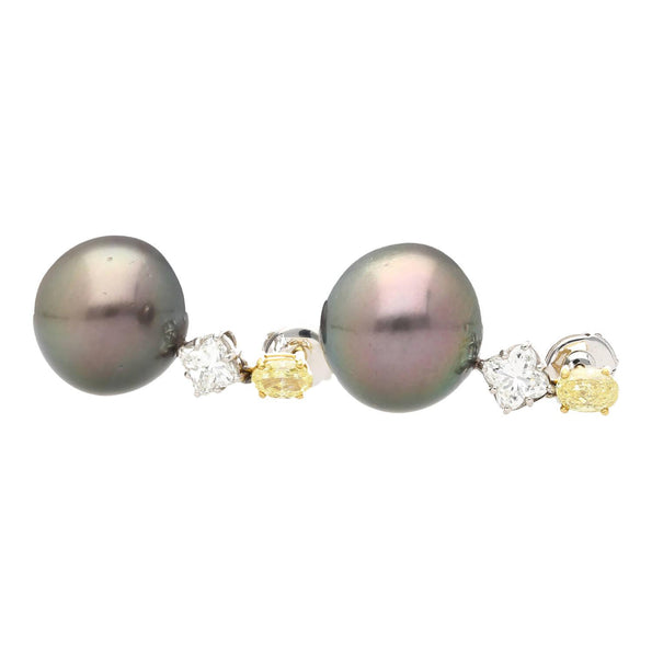 Black Pearl with Fancy Yellow & White Lily Cut Diamond Drop Earrings