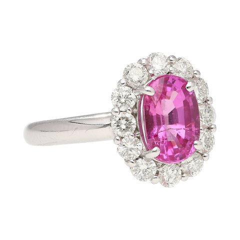 CGTL Certified 3.96 Carat Oval Cut Pink Sapphire and Diamond Halo Ring in 18k White Gold