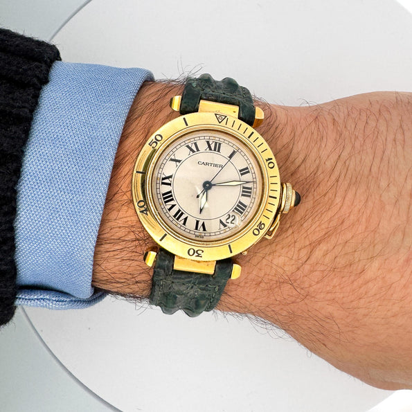 Cartier Pasha 1035 Automatic Watch 18K Gold Ivory Dial Alligator Strap 35mm