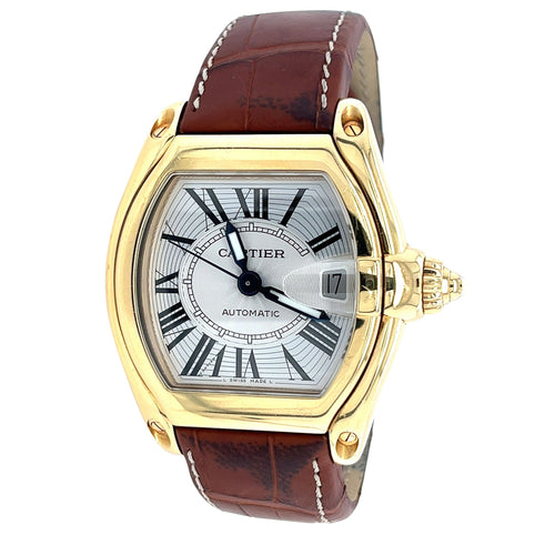 Cartier Roadster Ref. 2524 Men's Tonneau Large Size 18K Gold Watch in Leather with Box and Papers