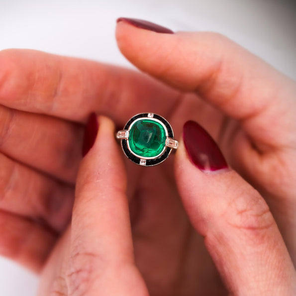 Cartier Signed Art Deco Colombian Emerald Onyx & Diamond Platinum Ring