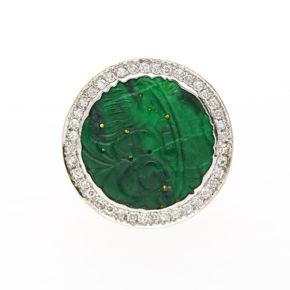 Carved Jade & Diamond in 18K Yellow Gold Two Tone White Gold Halo Wide Band Ring