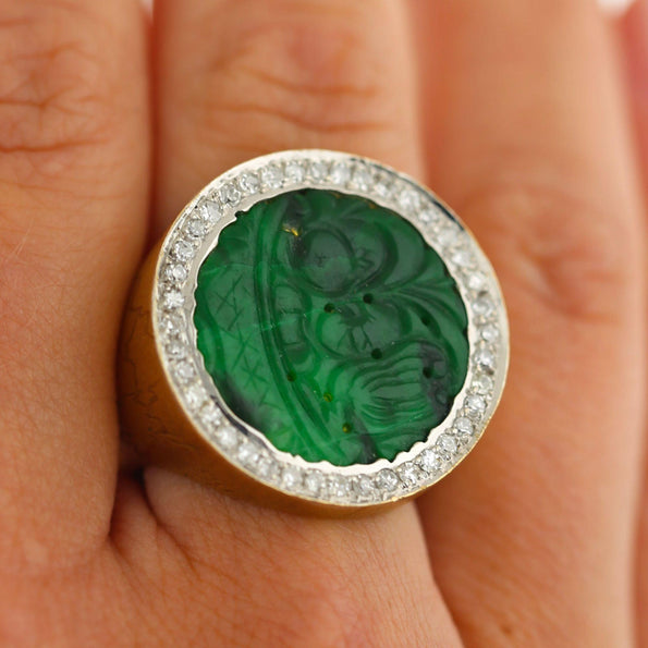 Carved Jade & Diamond in 18K Yellow Gold Two Tone White Gold Halo Wide Band Ring
