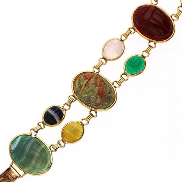 Carved Scarab Beetle 14K Gold Multicolor Hardstone Egyptian Revival Bracelet