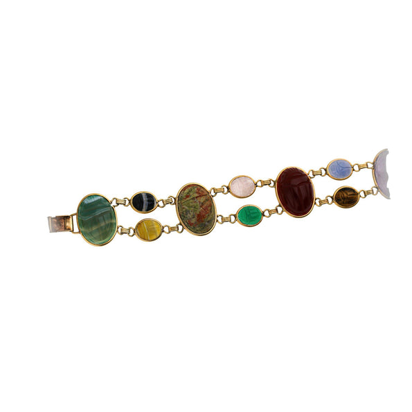 Carved Scarab Beetle 14K Gold Multicolor Hardstone Egyptian Revival Bracelet