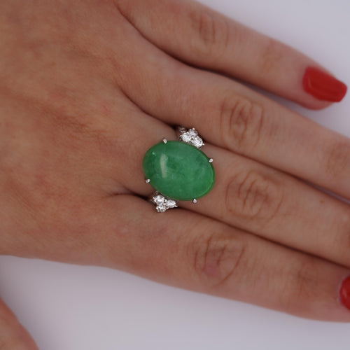 Certified 15 Carat Jadeite Jade A Fei Cui and Diamond Split Platinum Ring