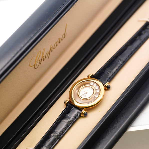 Chopard Happy Sport 4116 18K Gold Five Diamond Quartz On Blue Leather Watch