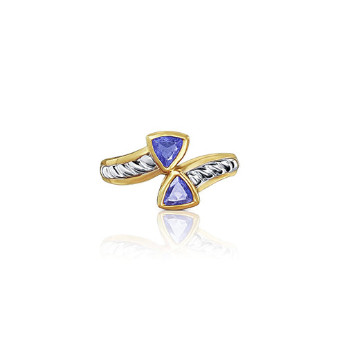 Curved Triangle Cut Tanzanite Ring in 14k Yellow and White Gold