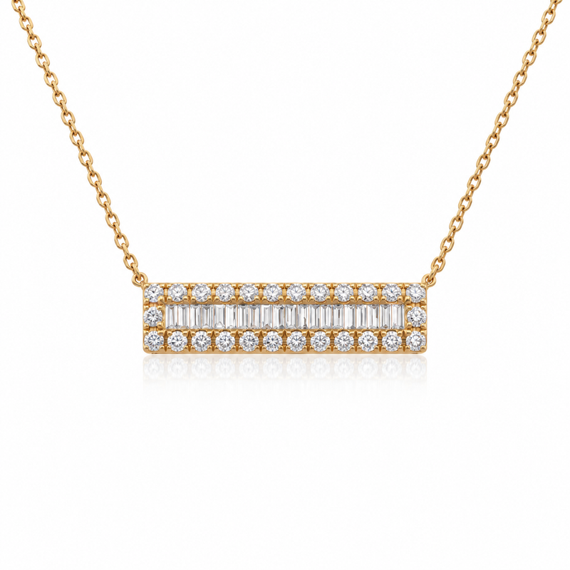 Diamond Bar Pendant Cable Chain Necklace 14K Yellow Gold 0.75 Carats
