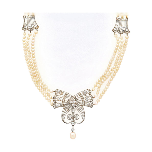 Edwardian GIA Certified Saltwater Pearl & Old Euro Cut Diamond Necklace