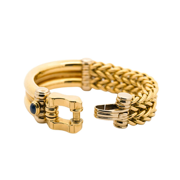 Fracarri Signed 18K Gold Half Bangle Half Chain Bracelet Sapphire Clasp