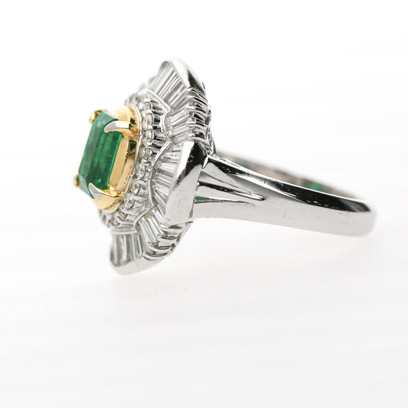 GIA 1.38 Carat Emerald Cut Colombian Emerald & Diamond Platinum Ballerina Ring