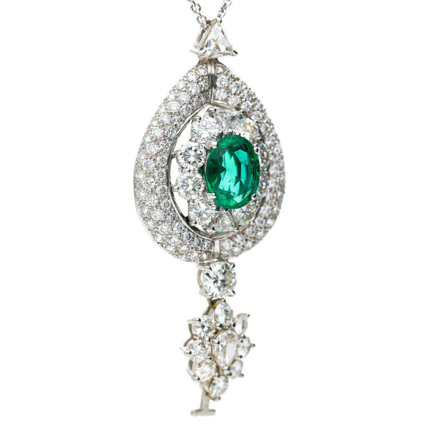 GIA 2.53 Carat No Oil Emerald & 5 Carat Diamond Platinum Drop Pendant