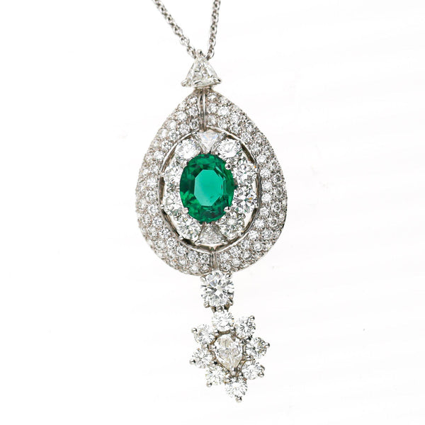 GIA 2.53 Carat No Oil Emerald & 5 Carat Diamond Platinum Drop Pendant