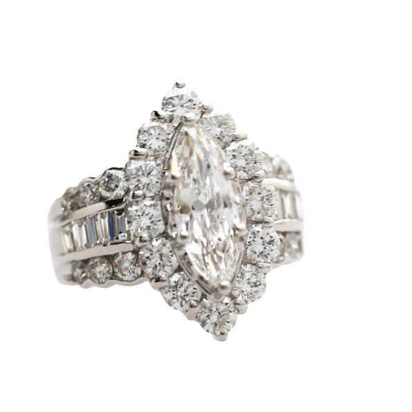 GIA Cert. 1.50 Marquise Diamond E/VS2 Cluster Halo Platinum Band Cocktail Ring