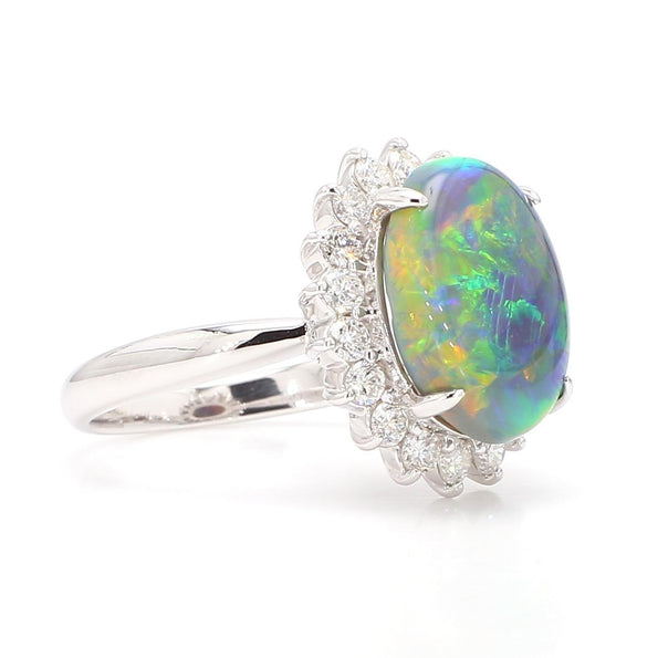 GIA Cert. 5.10 Carat Untreated Black Opal Diamond Halo Platinum Starburst Ring