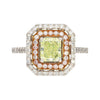 GIA Zertifiziert 1,12 Karat Radiant Cut Fancy Light Green-Yellow Diamant und Diamant Halo Ring