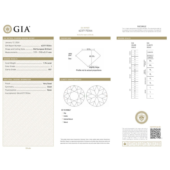 GIA Certified 1.94 Carat Old Euro Cut Diamond I/VS1 White Gold Solitaire Ring