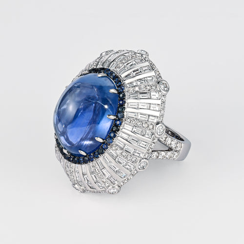 GIA Certified 26 Carat Sapphire Cabochon & Diamond Art Deco Dome 18K Ring