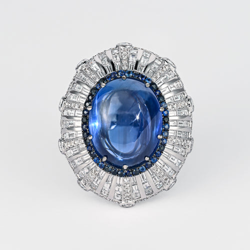 GIA Certified 26 Carat Sapphire Cabochon & Diamond Art Deco Dome 18K Ring