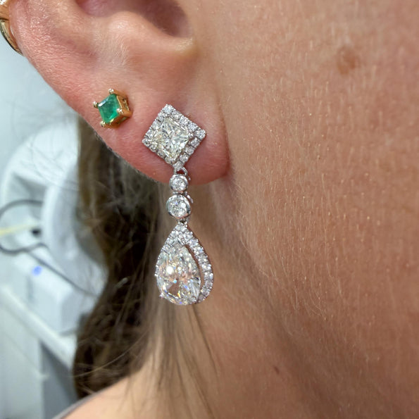 GIA Certified 3.93 Carat Pear Cut &Diamond Halo Drop Earrings in 18K White Gold