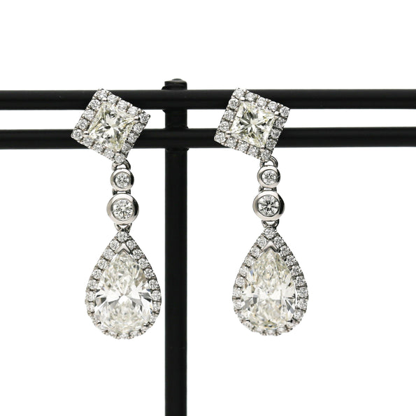 GIA Certified 3.93 Carat Pear Cut &Diamond Halo Drop Earrings in 18K White Gold