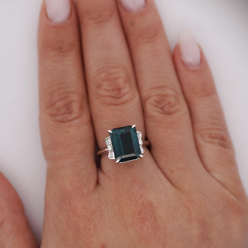 GIA Certified 4.58 Carat Emerald Cut Indicolite Tourmaline Diamond Platinum Ring