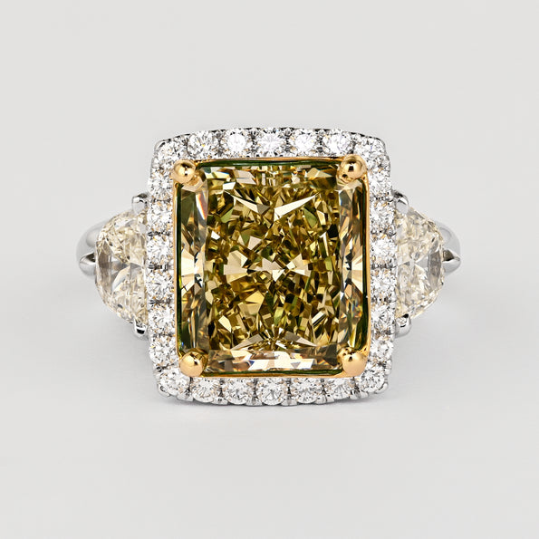 GIA Certified 6.07 Carat Radiant Cut Fancy Brownish Greenish Yellow Diamond Ring